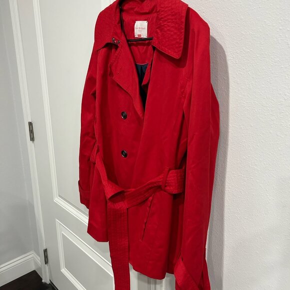 Isaac Mizrahi Double-Breasted Trench Coat Belt Adjustable Cuffs Red Sz L Elegant - Picture 3 of 10